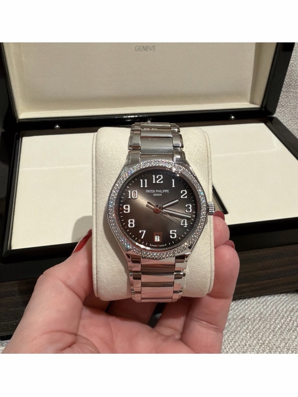 Patek Philippe Silver Bracelet Watch with Smoky Gray Dial and Diamond Bezel